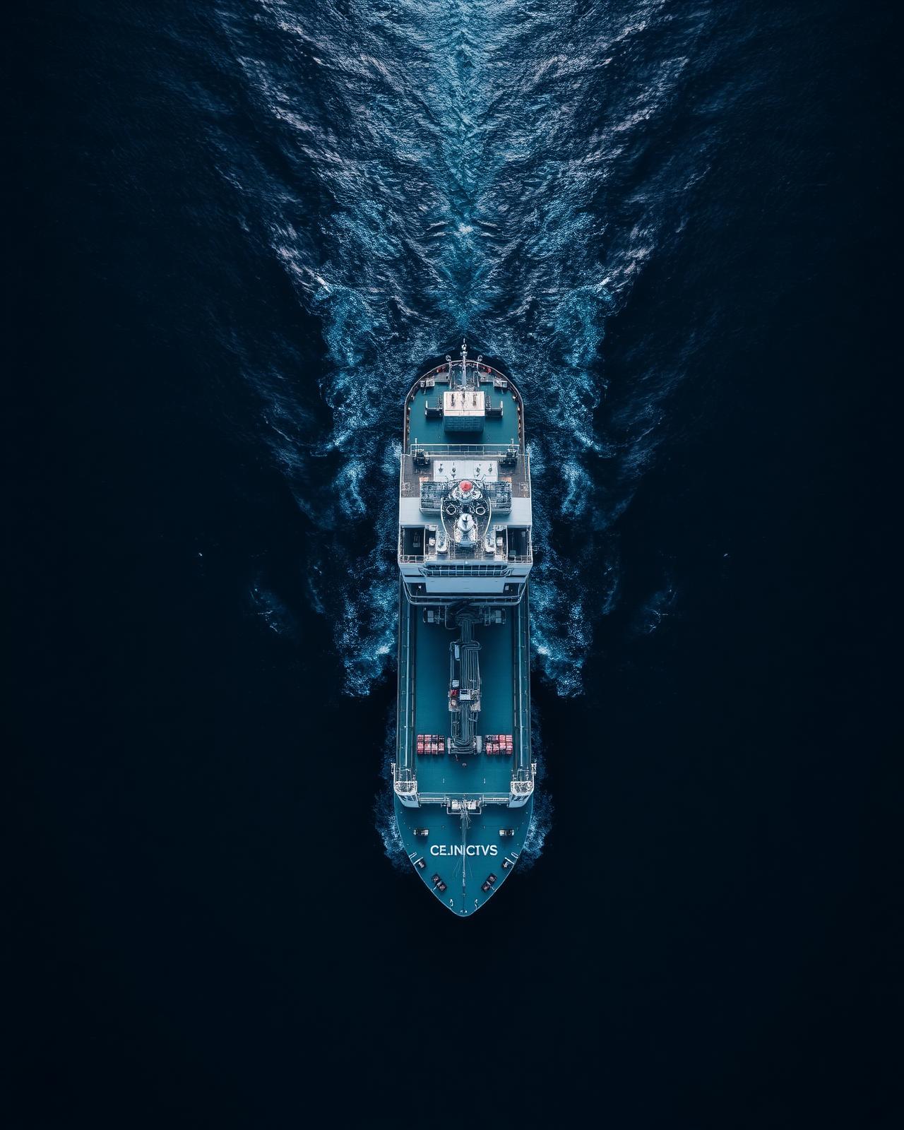 Aerial view of a modern vessel cutting through deep ocean